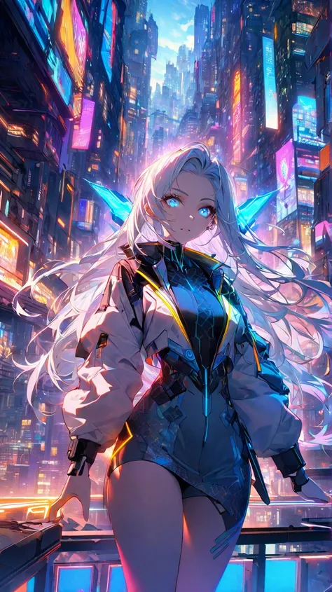 "Create a highly detailed digital illustration of a futuristic cyberpunk woman named Nova. She stands confidently on a high-rise rooftop overlooking a sprawling neon-lit city. Nova has long, flowing hair with shimmering shades of silver and gold, and her s...