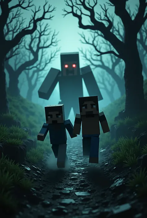 Create a Minecraft horror image about 2 people running from a monster 