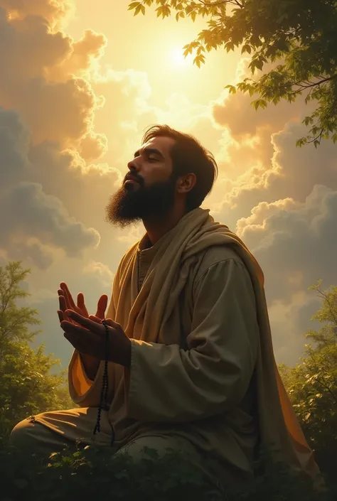 Hasan Finding Redemption: Hasan praying or meditating in nature, with sunlight breaking through the clouds, symbolizing his inner transformation and newfound faith.