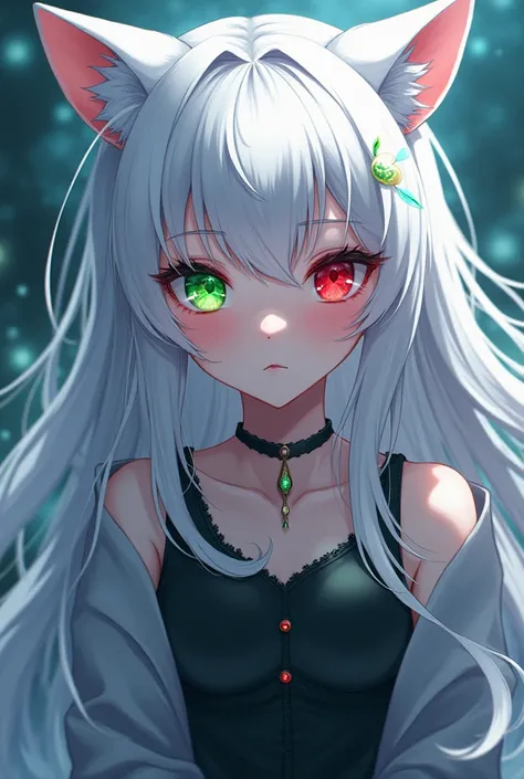 A half-wolf anime girl with white hair with a green eye and a red eye