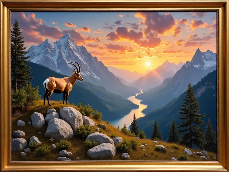 Create a masterpiece, top quality, oil painting style by Leonardo da Vinci. Background: sunset sky, very colorful clouds, snow-capped mountains, coniferous forests on the mountain slopes, river between the mountains, ash and chestnut trees on the river ban...