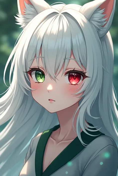 A half-wolf anime girl with white hair with a green eye and a ten year old red eye