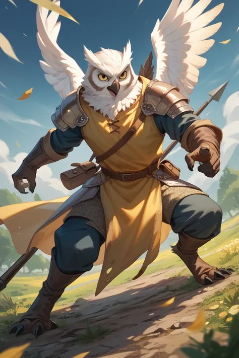 Anthropomorphic male owl
Medieval fantasy
Yellow eyes
Cheese sigil
Halberd
White feathers


Fighting an Anthropomorphic crow