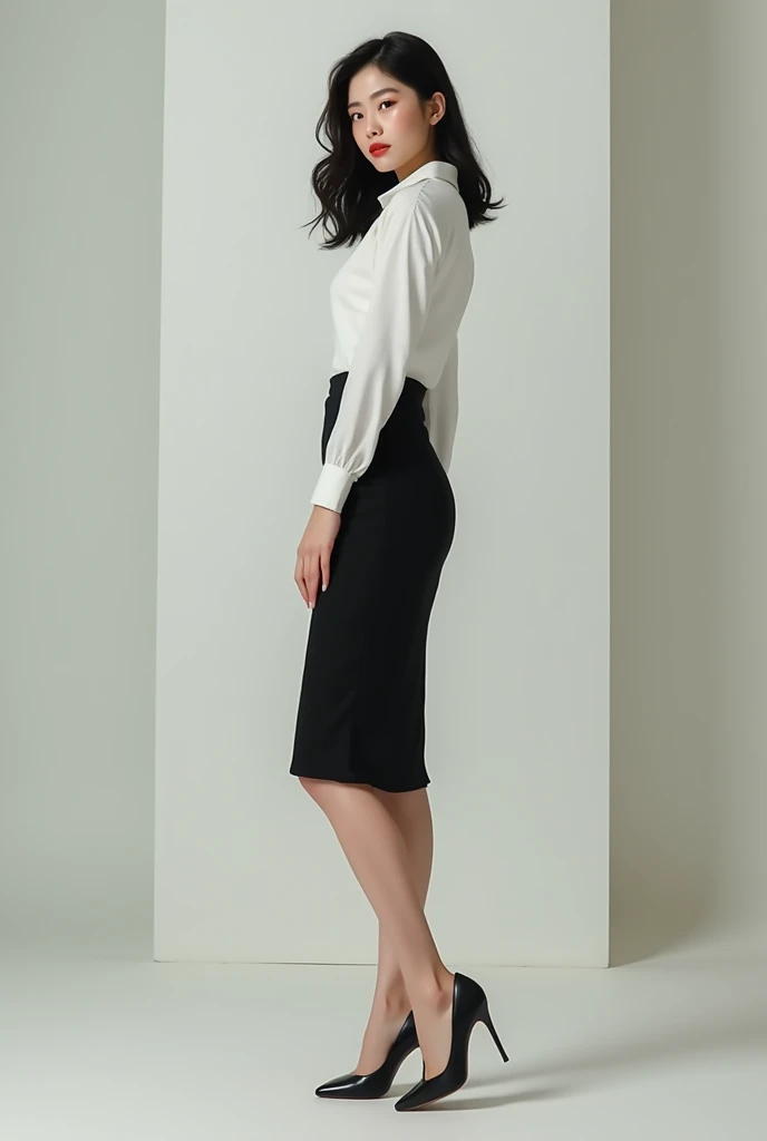 a korean woman, captured from a low angle that emphasizes her slender legs and tall figure, blouse, pencil skirt