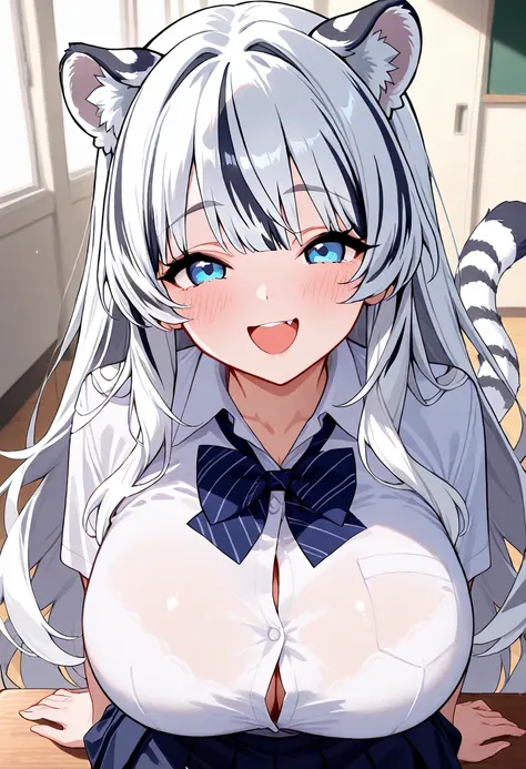   1 girl, alone,  long hair,White tiger ears , white tiger tail, blue eyes,Big Breasts, school uniform,White Tiger Girl 、blush,((Happy face)),Vピース,舌