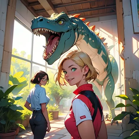 Nina is a 40-year-old woman , Athletic,  short blonde hair , green eyes and beautiful . she is visiting a dinosaur exhibition. The image is from the interior of a museum with dinosaurs and fossils. She is smiling and happy.. the style of the image is drawi...