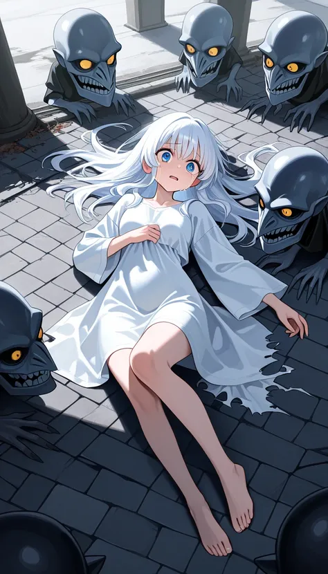 1girl and many  goblins  ( small, delicate white girl ) ( 18 year old enthusiastic girl ) ( very beautiful dramatic picture with a girl lying on both knees together  on the ground) girl is laying with  goblins ripping her clothes) (( full body)) (Male  gob...