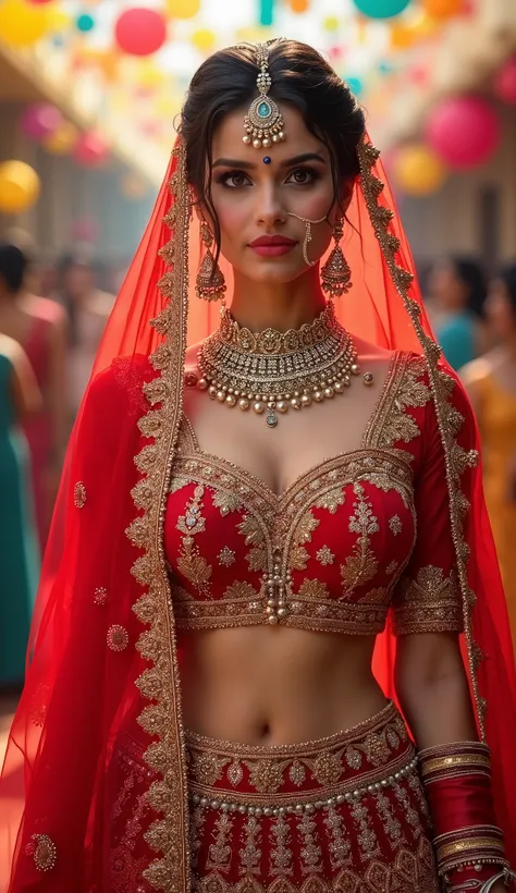 Indian Bride in a vibrant lehenga choli set, round deep navel, eyes symmetry, face symmetry, HDR, ((midriff and deep navel)) bold and rich colors, intricate embellishments, and festive accessories for a celebratory, wide angle photo look, HDR