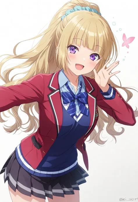 Keikaruizawa、Kei Karuizawa, long hair, bangs, blunt bangs , purple eyes, blonde hair, shirt,  hair ornament, ponytail, scrunchie , blue scrunchie , smile, skirt, shirt, ribbon, school uniform, jacket, red jacket, pleated skirt, butterfly Tie, sweater, blue...