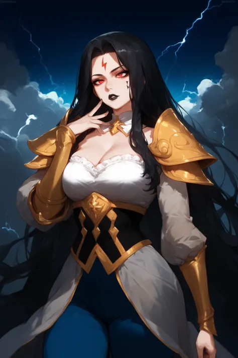 Woman, Blue pants ,  blue Royal blouse,Blouse with red and gold details, prince style blouse, golden shoulder pads,, gray skin, black lipstick, long hair, black hair, Black marks across lightning's face,,Anime style,Red eyes, hime hair