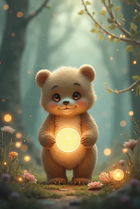 A little bear with a fantasy feel, holding an circle。A fantastic atmosphere。