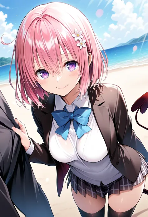   short hair 、 pink hair、 hair flower、 purple eyes、devil's tail、best quality ( best quality )、(Nonsense)、( very detailed)、( very beautiful way to hold ) information best quality 、 Ultra-fine、Most HD、 very detailed、masterpiece、 best quality 、{{ beautiful fa...