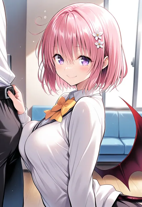   short hair 、 pink hair、 hair flower、 purple eyes、devil's tail、best quality ( best quality )、(Nonsense)、( very detailed)、( very beautiful way to hold ) information best quality 、 Ultra-fine、Most HD、 very detailed、masterpiece、 best quality 、{{ beautiful fa...