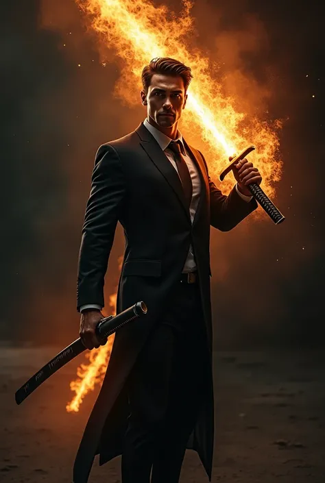 Handsome white man dressed in a black suit holding a katana shrouded in fire