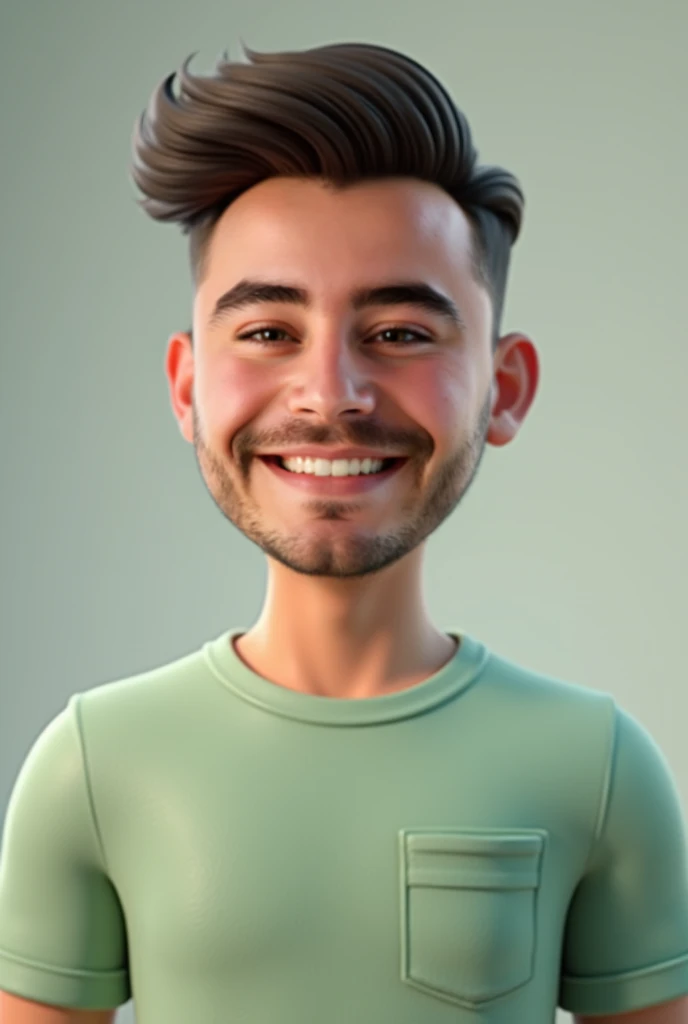  from the photo A semi-realistic digital avatar depicting a smiling man with a short haircut, wearing a light green T-shirt with a chest pocket .