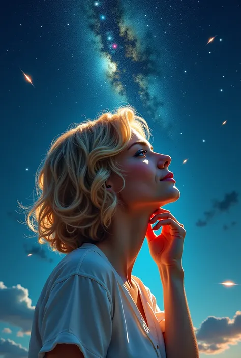 A poster for a book of poetry called  :   Rain of Lights about the story of an illuminated sky , Meteors and stars shining and falling in the infinite sky, A lady with short golden hair, The threads in my hair shine like the sun ,  looking up at the sky wi...