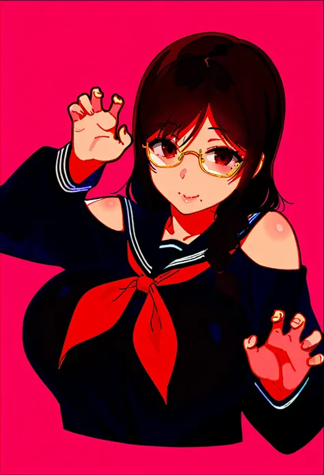  1 girl,Alone, mole under mouth, school uniform , mole,glass, braided,Sera Clothing,chest, upper body,large chest, mouth, brown hair, watches viewers,  simple background, neckerchief , long hair,yellow-framed eyewear,big chest, Long Sleeve,black Sera Cloth...