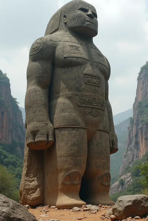 A massive , ancient humanoid boulder, whose surface is artfully decorated with engraved Togolese symbols and patterns,  that recall the rich culture of the region .