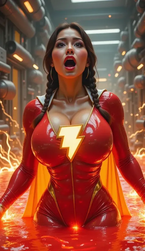 A SEXY ASIAN FEMALE WITH BRAIDED HAIR TRAPPED IN A VAT OF THICK VISCOUS MOLTEN GLOSSY RED LATEX AT A SUPERHERO LAB, PANICING AS SHE FLAILS AROUND, AS THE HOT LATEX CONSUMES HER AND TRANSFORMS INTO SHAZAM. COVERED IN A RED LATEX LUIQUID SHAZAM SUIT AND WHIT...