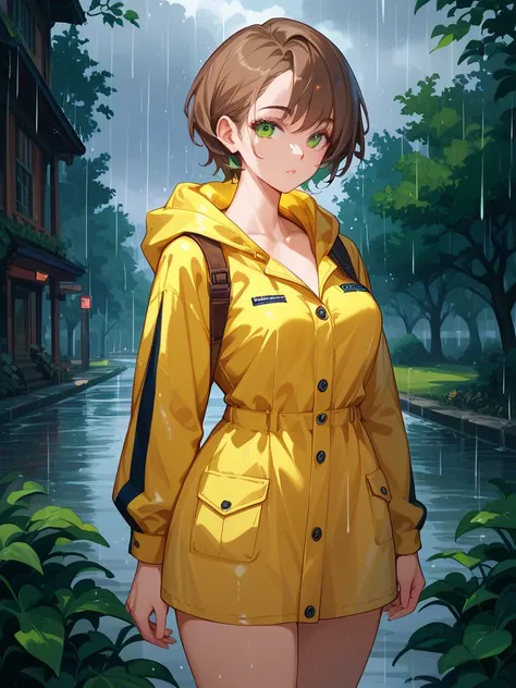 beautiful woman wearing yellow hooded raincoat, brown short hair, dark green eyes, waist and big butt, glamorous body. Front shot, Standing in heavy rain. Making a tornado with water