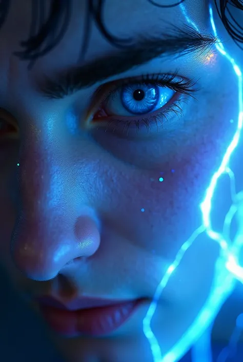 a close up of a person with a lightning effect on their face, concept art inspired by Christopher Balaskas, trending on Artstation, digital art, an epic anime of a energy man, fractal thunder dan mumford, blue fire powers, colorful lightning cinematic, cin...