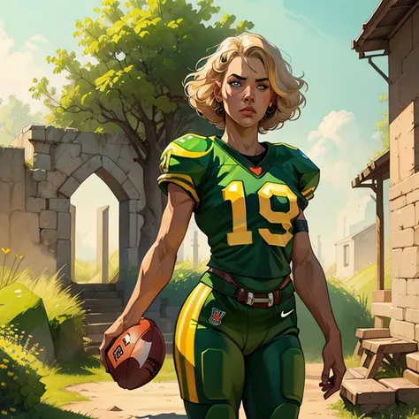 Nina is a 40-year-old woman , Athletic,  short blonde hair , green eyes and beautiful . She is standing, she is dressed in an american football uniform. the image commands respect. the style of the image is drawing ,  Stunning digital illustration ,  Highl...