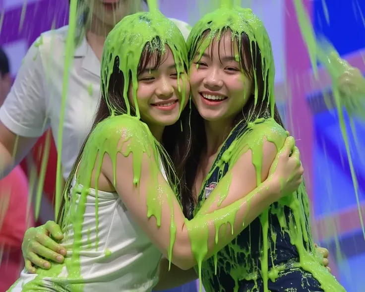 DSLR photograph. two college girls hugging covered in green water. (Photorealistic: 1.4). (Raw photo: 1.2). Gameshow background. Wearing Japanese schoolgirl uniform. Raining slime. Green slime. Green water. Cleavage. 21 years old. screaming.