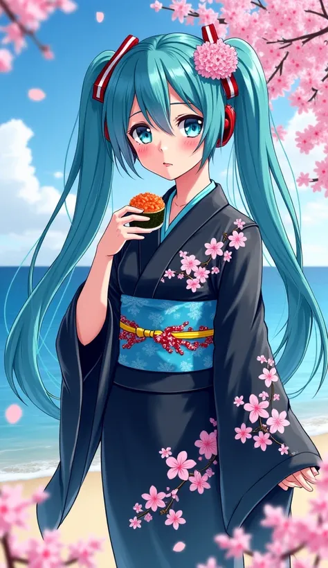    Hatsune Miku wearing a black and blue kimono with cherry blossom details   (    Sakura flowers ) and some sky blue details    , without a hat , with a cheerful and lively face     ,  On a snowy Japanese beach  ,    long hair  , eating sushi , (((   E an...