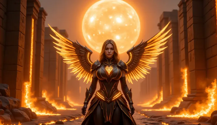 A powerful warrior queen stands at the entrance of an ancient temple, surrounded by glowing rivers of lava. She wears a striking black armor with fiery golden lines that pulse with energy, reflecting the heat of the surroundings. Her mechanical wings glow ...