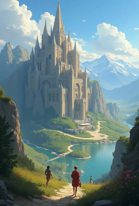 I want images from light fantasy about humans in imposing kingdoms with a beautiful landscape