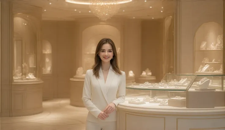  inside a luxury jewelry store in Manhattan, New York。It's so large and gorgeous, 、 the interior is bright with lots of jewels 。 and the lady clerk greets you with a smile 。写真品質、 high definition、 Super Detail、 super realistic。