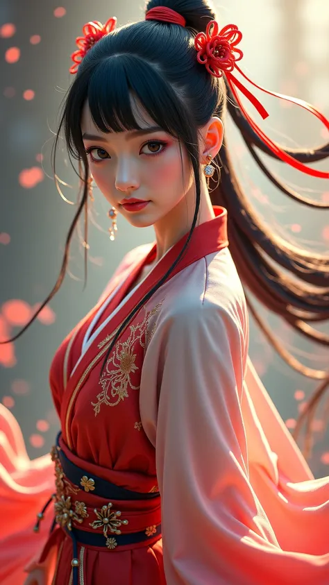 reality, Best Quality ,  ancient Chinese martial artist,A delicate cheeked ，Bangs,  Ponytail,  long hair , ribbon, Chest,  wearing a white antique fairy costume,art style,,