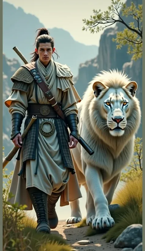 A man walks with a lion