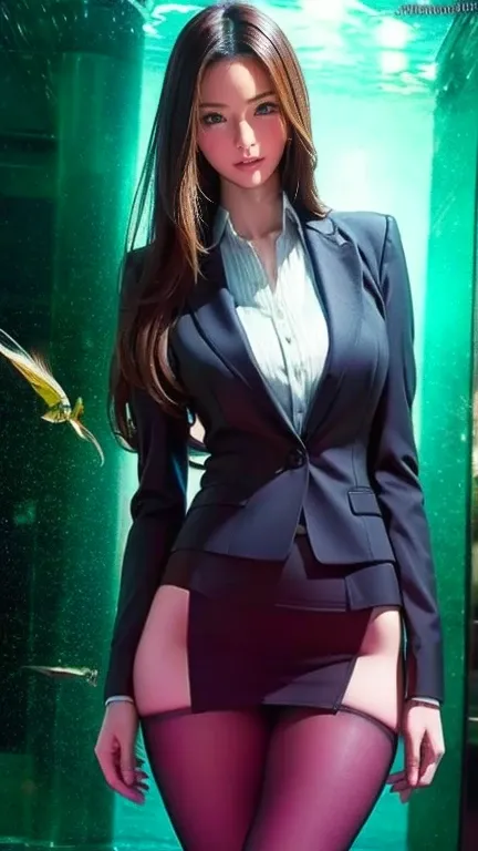  top quality , exist , tall very elaborate  , finely,  high resolution, 8k wallpaper, beauty of aquarium architecture  ,,  light brown tousled hair  ,  I wore a business suit ,Wearing a slit skirt  、  Sharp Concentration,  perfect configuration for perform...