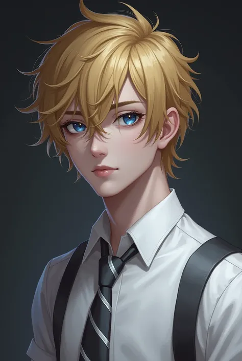 Male Realistic with short dark blonde hair and a little curly with an eBoy hairstyle, electric blue eyes, handsome, with a white shirt, gray striped tie and vampire vibes. In the background there are dark and grey colors.