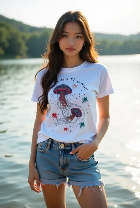  Beautiful Vietnamese woman wearing white Tshirt with inscription and picture of jellyfish and catfish,  short jeans, topi hip hop, Sneakers, standing facing the camera ,  camera with background and bright lighting on the lakeside . Shooting with I-Phone p...