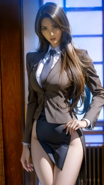  top quality , exist , tall very elaborate  , finely,  high resolution, 8k wallpaper, beauty of aquarium architecture  ,,  light brown tousled hair  ,  I wore a business suit ,Wearing a slit skirt  、  Sharp Concentration,  perfect configuration for perform...