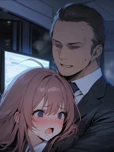 top quality, masterpiece,  high resolution, 8k, (1 girl 1 boy ), (((face shot))),  black semi-long hair,  toro face,  night office, (((Man and woman in suit )))),  man hugs her from behind , (((tang out))), open mouth, Face drowning in pleasure , empty eye...