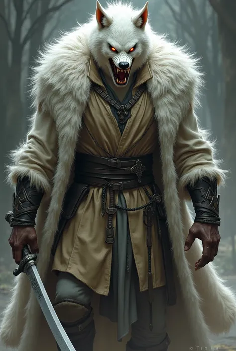 a big, strong man with a furry white wolfskin coat, and a large sword. Medieval beige shirt and black medieval tails, black leather boots, his eyes were a mix of orange and red, his hair white as snow. He was tall, his teeth were like fangs, his nails like...