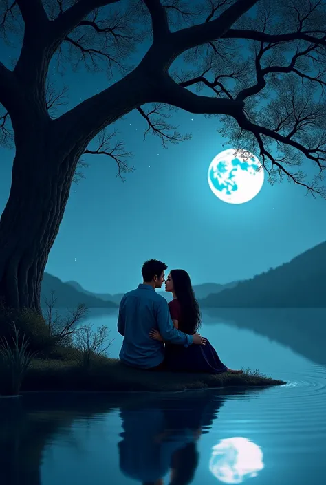 Imagine a peaceful setting by a calm pond. You and your girlfriend are sitting together and hugging to each other, enjoying the tranquil atmosphere. Your girlfriend is wearing a beautiful black sari, her hair flowing gently in the night breeze. You are wea...