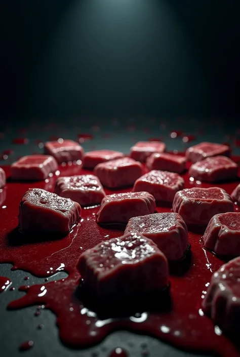 Create a picture of meat and bloody floor in night, in 16k, photo 