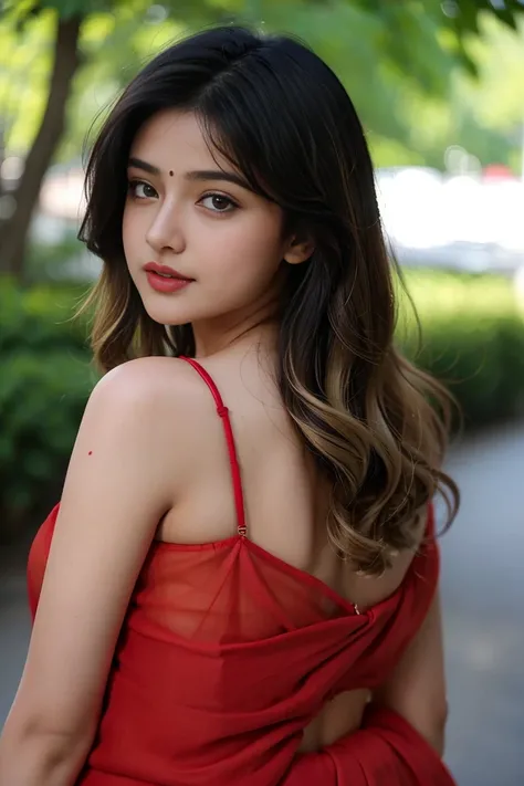 (((desi girl))), chubby face, natural skin, wearing red saree, charming black hair, ((hair ends are blonde)), greenary village background, bokeh