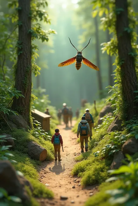 Thousands of little people, the size of a grain of sand, explore a mysterious forest,  tools in hand. There is an insect of normal size nearby.  People are building a miniature city.  detailed , with a clear background. 