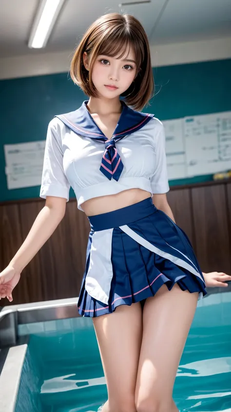 Product quality, in the seat,(( shooting from below:1.4)),( thigh emphasis ),  provocative dynamic poses being banged by excited students  , daytime, (( high school classroom :1.2)), sailor uniform, blazer, Super short, check pattern , blue micro mini skir...