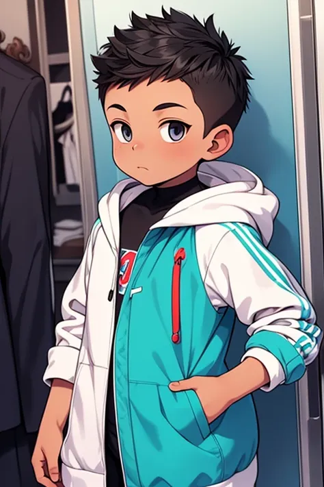  ANIME STYLE,A  boy, With a coat in the middle written Juninho High resolution, with medium hair, shaved on the sides,with black skin