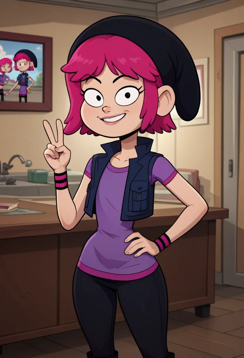 ((bedroom background)),score_9, score_8_up, score_7_up,score_6_up, source_cartoon
1girl, Solo, Pauline_AP, light skin, black eyes, bright pink hair, short hair, black beanie hat, purple t-shirt, pink-black wristbands, sleeveless dark blue vest, tight black...