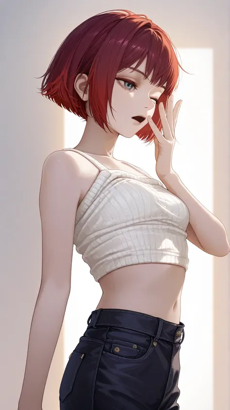 (Extremely detailed 8k unity ), A [female] with [dark red] hair, with only the very ends dyed in [white]. The hair is styled in [short bob cut]. High-detail, soft lighting, and realistic texture., opal eyes, solo,  anatomically correct, AA cup breast ,soft...