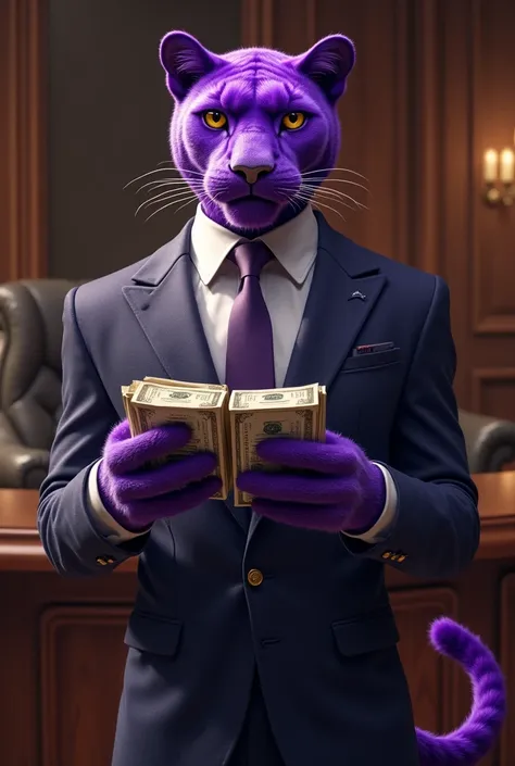 a charismatic purple panther wearing a suit and working as a banker with cash in hand full body