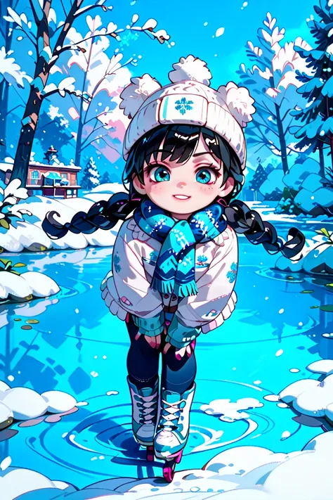  Frozen Pond 、 in the seat(   pees on a very young  、   black hair、blue yarn scarf 、Russian hat  、 White winter clothes )、  Ice Skating