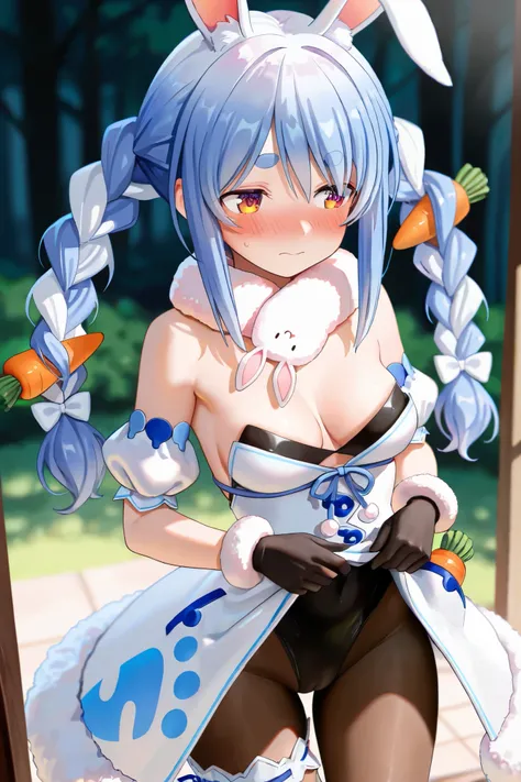 NSFW, Masterpiece, top quality, high resolution, very detailed,Usada Pekora\( Hololive\),Fur collar、 white dress、Fur-trimmed dress、 Exposed Shoulders、 black leotard、 strapless、 cleavage、Sleeveless、Puffy short sleeves、 black gloves、 black pantyhose,Embarras...